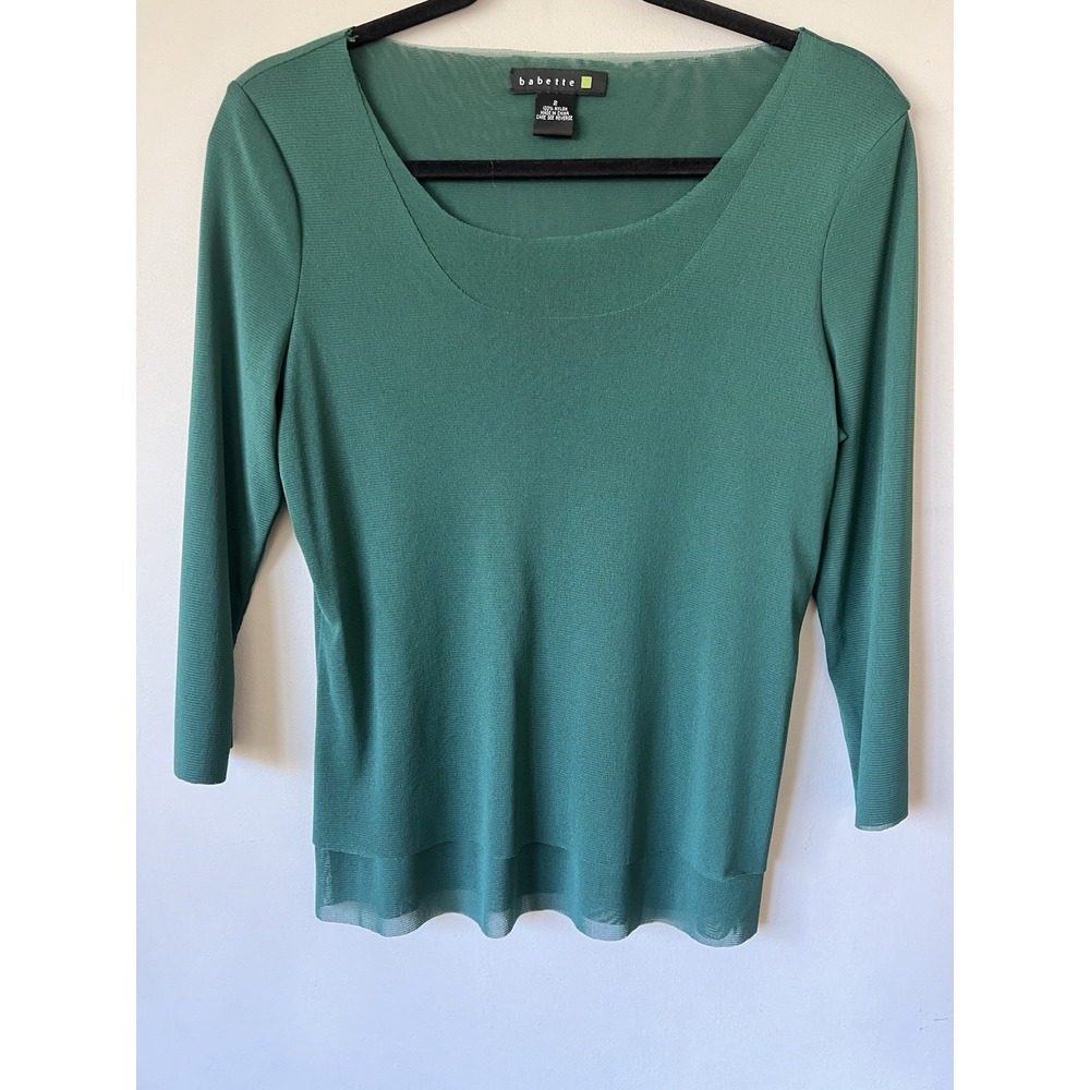 BABETTE BLOUSE Green Nylon Mesh Pullover, 3/4 Sleeve, Raw Edges, size 2 Holiday